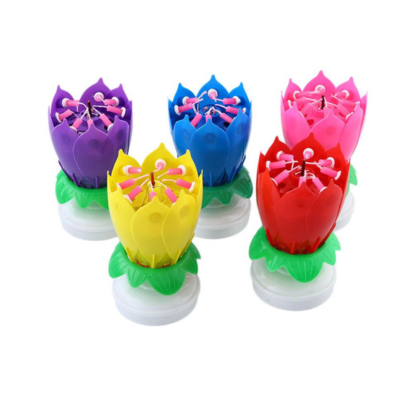 2017 New Musical Lotus Rotating Flower Happy Birthday Party Gift Candle Lights 5Color