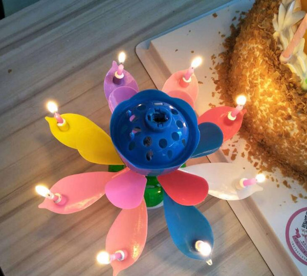 New Colorful Petals Music Candle Children Birthday Party Lotus Sparkling Flower Candles Squirt Blossom Flame Cake Accessory Gift