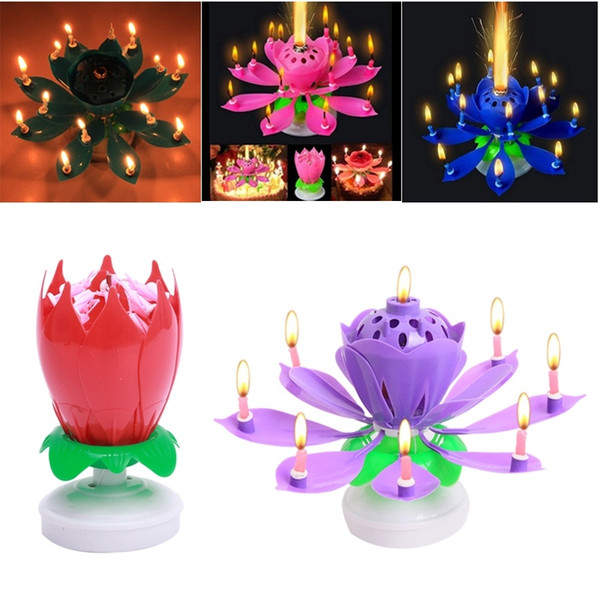 New Art Musical Candle Lotus Flower Happy Birthday Party Gift Rotating Lights Decoration 8/14 Candles Lamp QB874164