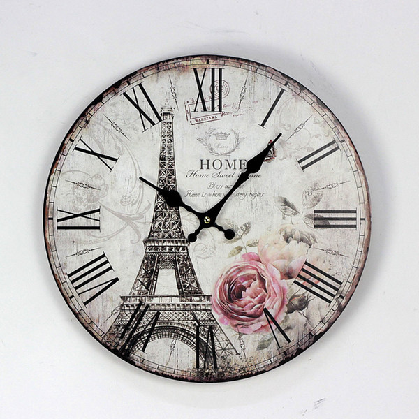 Diameter 35cm Paris Tower Solid Wood Wall Clock Fashion British-style Wall Stickers