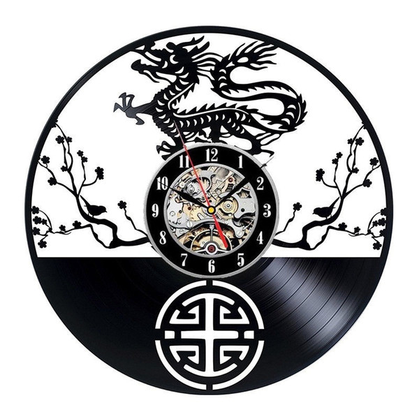 China Dragon Vinyl Record Wall Clock Kitchen Unique Wall Decor Art Design Home Furnishings Souvenir(Size: 12 inches, Color: Black)