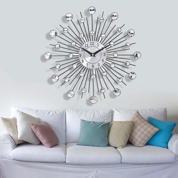 33cm Vintage Metal Crystal Sunburst Wall Clock Luxury Diamond Large Modern Design Wall Clock Home Decoration Tools Drop Shipping