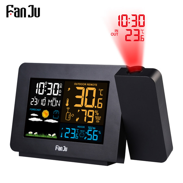 FanJu Digital Alarm Clock Weather Station LED Temperature Humidity Weather Forecast Snooze Table Clock With Time Projection