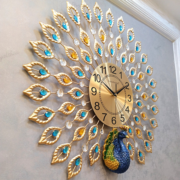 Peacock pendant living room modern quartz clock decorative clock Creative Crystal Peacock Wall Clock Metal Silent Home Living Room Decor