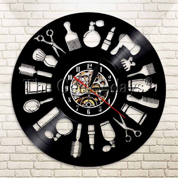 Wholesale-1Piece Hair Logo Vinyl Record Wall Art Clock Barber Shop Decor Hairdresser Beauty Salon Beauty Handmade Gift