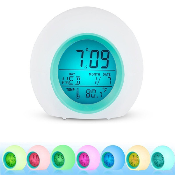 Mini Color Changing Digital LED Wake Up Light 7 Color Changing Alarm Clock Thermometer With Nature Sound Night Light