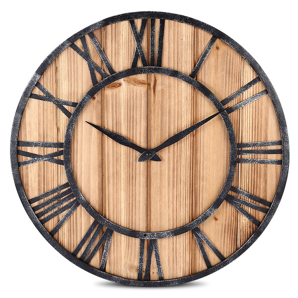 European Vintage Style Wall Clock Round Solid Wood Metal Non-ticking Quartz Digital Wall Clock for Home Decoration New Arrival