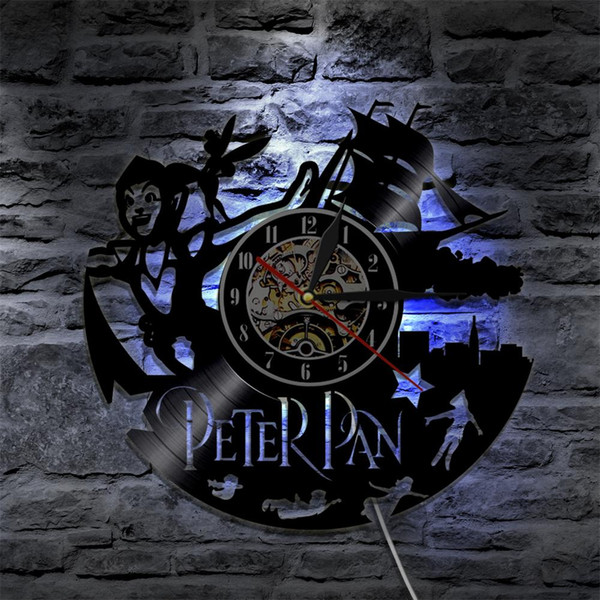 Peter Pan Vinyl Clock Wall Light Led Vintage Silhouette Record Handmade Gift Cool Living Room Interior Decor Art Lamp