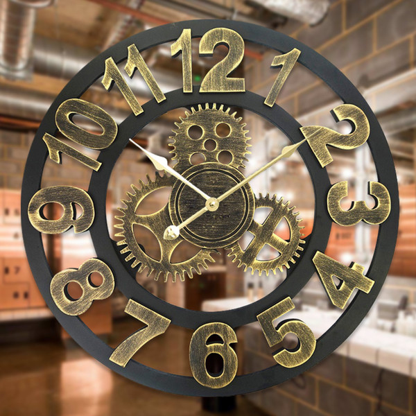 3D Retro Decorative Luxury Art Big Gear Wooden Vintage Large Wall Clock for Gift Home Decor 16/20 Inch