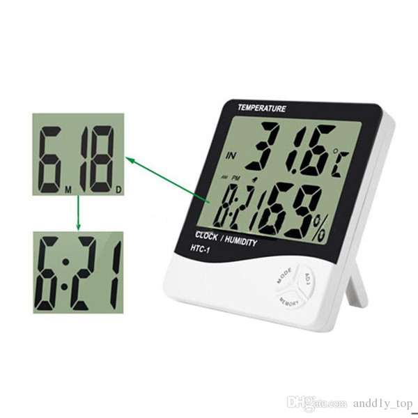 Electronic Temperature Clock HTC-1 LCD Digital Indoor Humidity Meter Daily Alarm And Calendar Display with Retail Package