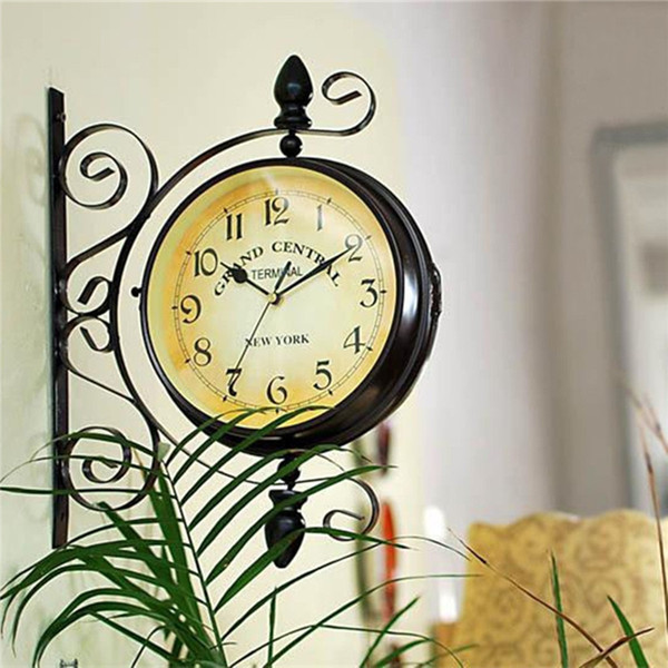 Vintage Decorative Double Sided Metal Wall Clock Antique Style Station Wall Clock Hanging 35cm *28cm Traditional