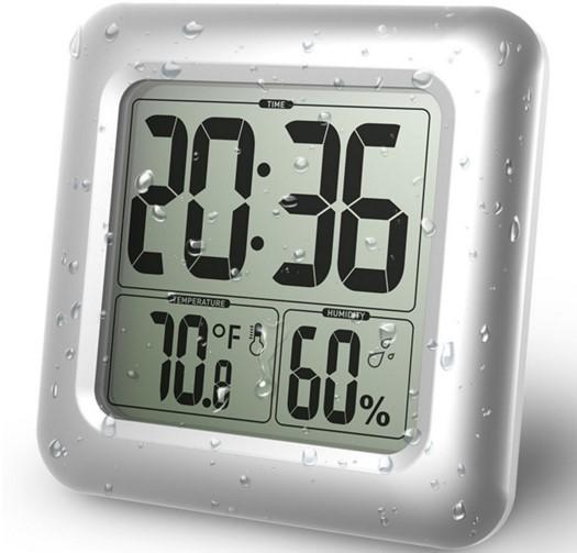 Popular Baldr Fashion Waterproof Shower Time Watch Digital Bathroom Kitchen Wall Clock Silver Big Temperature and Humidity Display