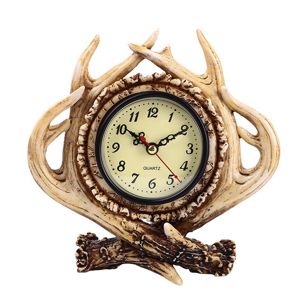 Creative Deer Antler Design Resin Table Clock - American Country Style Vintage Tabletop Desk Clock - Living Room Home Office Decor