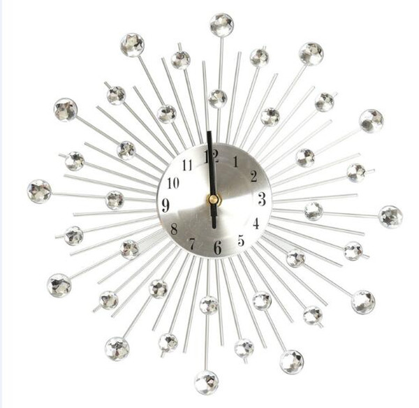 Newest High Quality 32.5cm Novelty Diamond Crystal Jeweled Beaded Sunburst Wall Clock living room Silver Wire free shipping