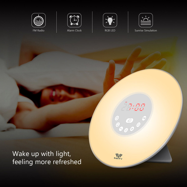 7 color conversion Wake-up Light Sunrise Alarm Clock LED FM Radio Bedside Sounds Night Colour Lamp