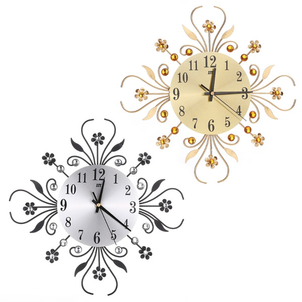 Modern Metal Large Wall Clocks New Flower Diamond Rhinestone Silent Home Decor DIY Living Room Antique Style