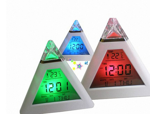 100pcs Free Shipping DHL Digital Home Travel LCD Snooze Alarm Clock Pyramid 7 Color LED Calendar C/F Thermometer