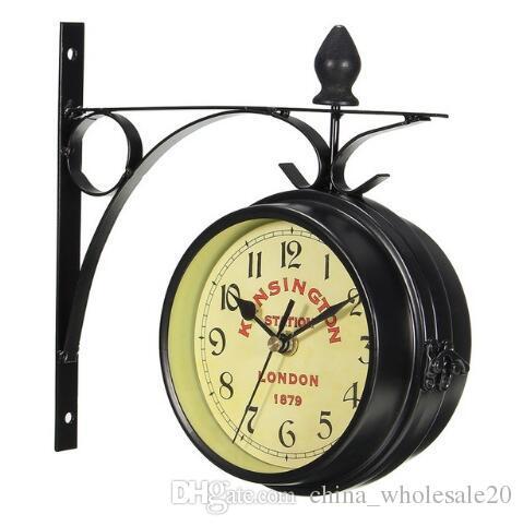 Free Shipping Charminer Vintage Decorative Double Sided Metal Wall Clock Antique Style Station Wall Clock Wall Hanging Clock Black