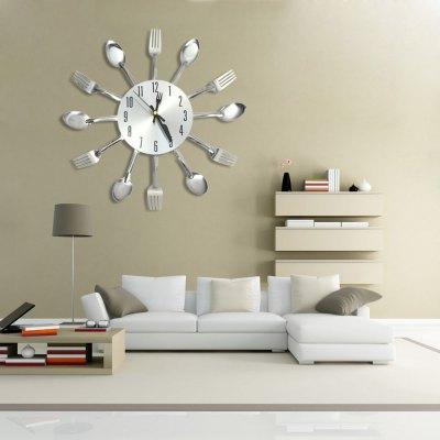 3D DIY Wall Clocks Home Decor Modern Design Stainless Steel Knife Fork Spoon Analog Wall Clock Kitchen Quartz Needle Knife Fork Clock+B