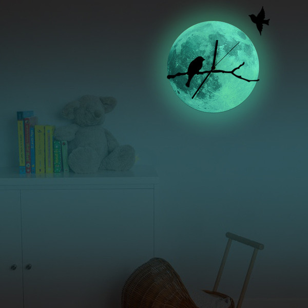 Creative Luminous Wall Clock Luminescent Moon Green Luminous Wall Clock On The Bird Branches Living Room