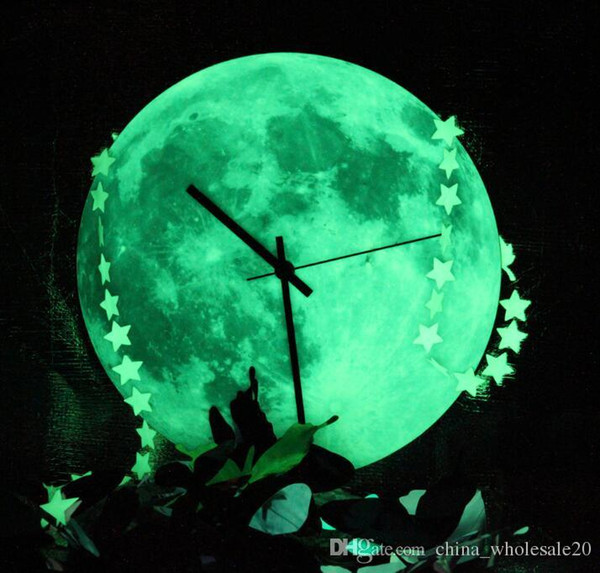 Free shipping Glow in the Dark Moon Wall Clock,Romantic Luminous Moon Home Decor,Quartz Sweep movement,Silence for Bedroom