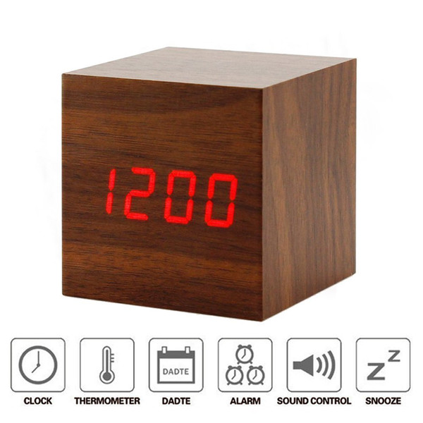 Alarm Small Cube Wood Clock LED Mute Bedside Clock Temperature Digital Clock with Sound Control Function