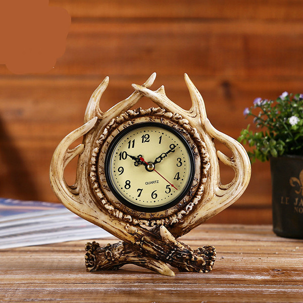 Creative Deer Antler Design Resin Table Clock - American Country Style Vintage Tabletop Desk Clock - Living Room Home Office Decor