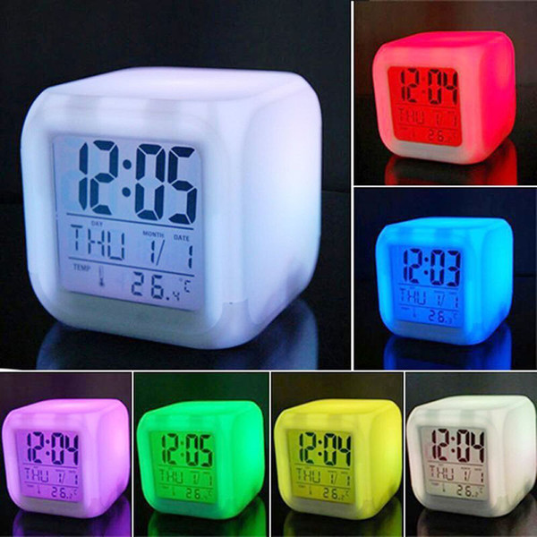 Drop Shipping 2018 1Pcs Hot Multi-function 7 Colors LED Glowing Change Digital Alarm Clock Desk Thermometer Desktop Clock