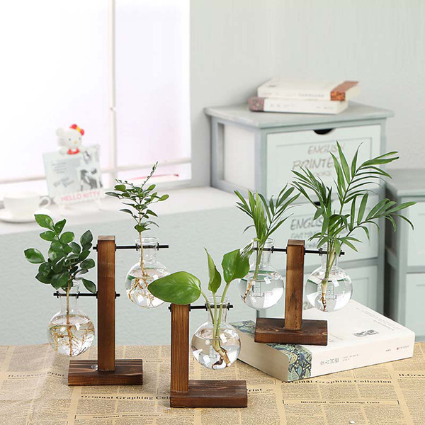 Hydroponic Plant Vases Vintage Flower Pot Transparent Vase Wooden Frame Glass Tabletop Plants Home Terrarium Bonsai Decor