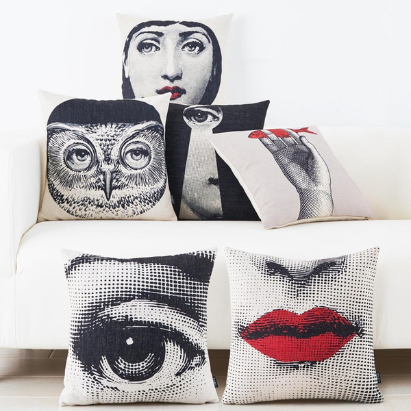 European Vintage Piero Fornasetti Face Drawings Cushion Cover Red Lips Eyes Pillow Case Decorative Sofa Linen Cotton Cushions Pillows Covers