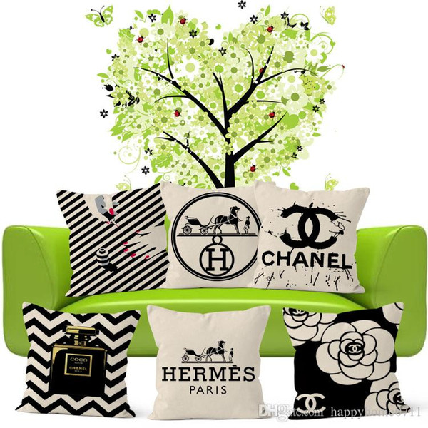 Luxury creative linen printed pillowcase cushion cover Signage H carriage letter pattern and signage C Camellia perfume pattern pillowcase