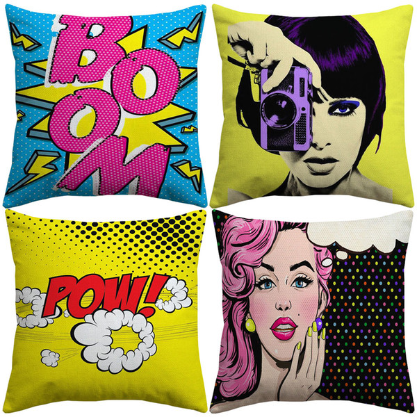 American Pop Art Cushion Cover POW POP BOOM Camera Red Lips Cushion Covers Decorative Linen Cotton Pillow Case For Bedroom Decoration