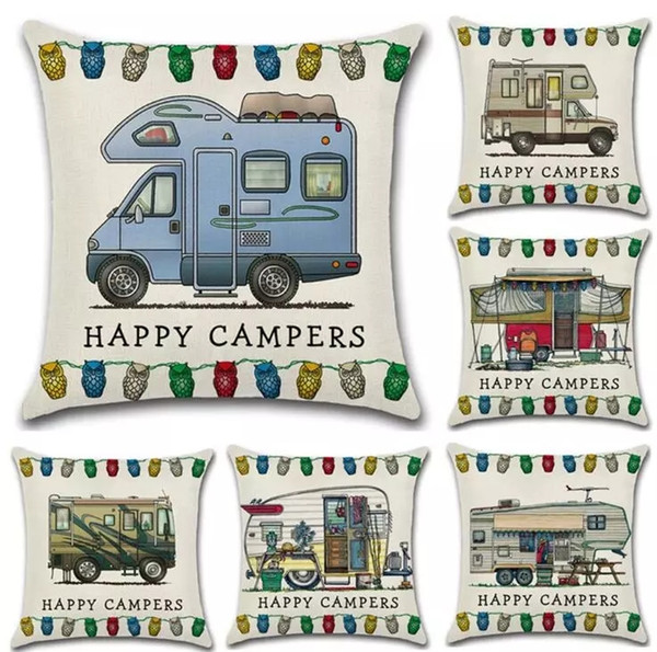 20 Styles 45*45cm Happy Campers Cushion Cover Linen Pillow Case Camping car pillow cover Square Decorative Pillow Cases