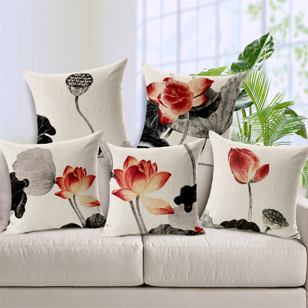 1 Pcs Cotton Linen Square Design Throw Pillow Case Decorative Cushion Cover Pillowcase Chinese Ink Painting Lotus Flower Style