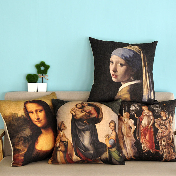 4 Styles European Retro Classical Famous Paintings Cushion Covers Mona Lisa The Girl with a Pearl Earring Cushion Cover Linen Pillow Case