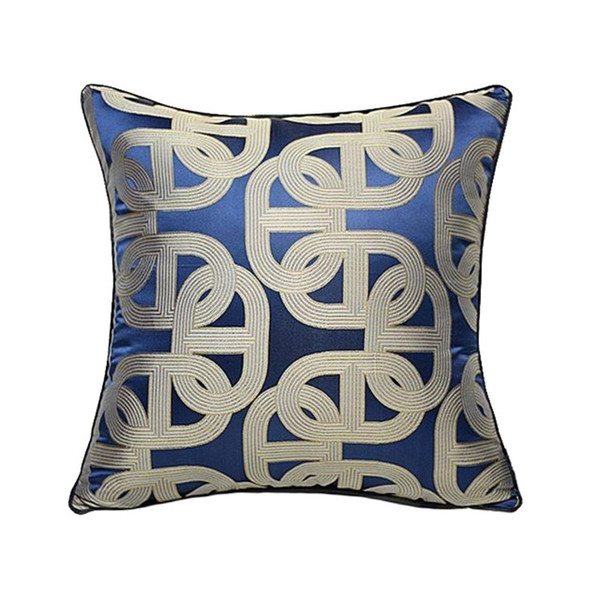 Luxurious Contemporary Royal Blue Geometric Pillow Case Modern Pipping Jacquard Woven Home Floor Sofa Throw Cushion Cover Square 45x45cm