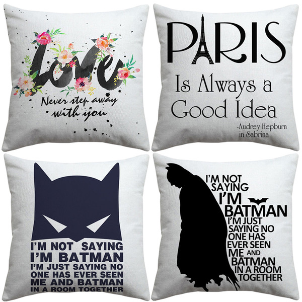 Super Hero Batman Cushion Cover English Letters Love PARIS Is Always a Good Idea Art Pillow Covers Bedroom Linen Cotton Pillow Case