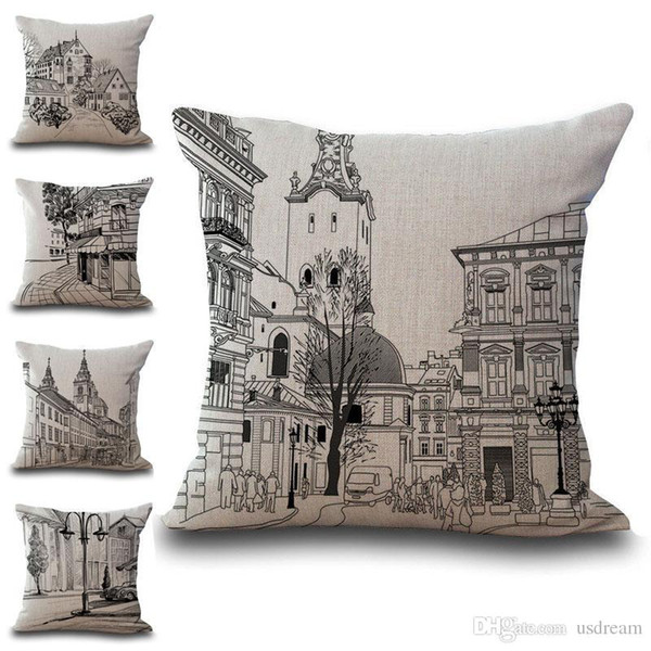 Black Sketch Church House Pillow Case Cushion Cover Linen Cotton Throw Pillowcases Sofa Car Decorative Pillowcover drop ship PW561