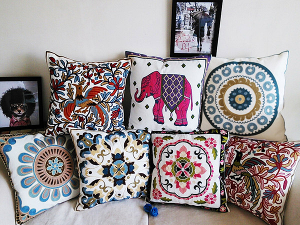 24 Styles Embroidery Cushions Covers 100% High-grade Cotton Cushion Cover Embroidered Bohemian Floral Flowers Birds Elephant Pillow Case