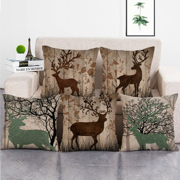 Vintage Style Nordic Deer Pillow Covers with Zippers Christmas Decoration Decorative Square Throw Pillow Cover Linen Pillowcases 18x18 Inch