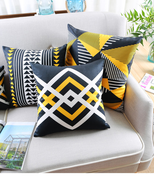 Wholesales Soft Velvet Cushion Cover Yellow Black Geometric Arrow Triangle Home Decorative PillowCase 45x45cmAEI-153