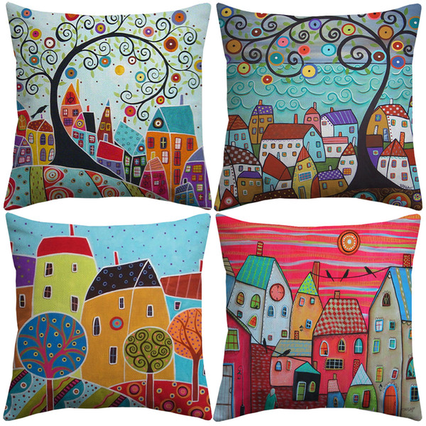 Oil Painting Cartoon City Town Village Cushion Covers Houses Trees Flowers Cushion Cover Children Kids Bedroom Linen Cotton Pillow Case