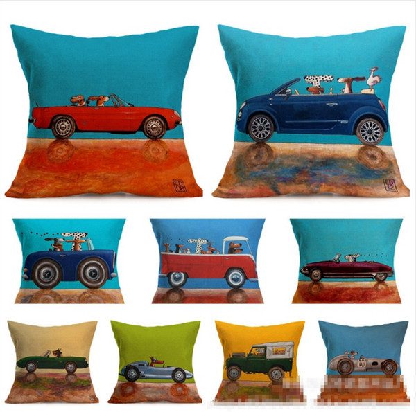 Pillow Covers Dog Driving Car Cushion Cover Linen Square Throw Pillow Case Decorative Pillowslip Home Decor 17 Designs YW2839