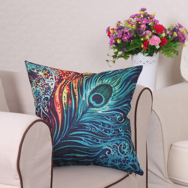 Beautiful Retro Peacock Feather Linen Cotton Cushion Cover 45x45cm Throw Pillow Case Christmas Decoration for Sofa Bed Chair Decor Pillows