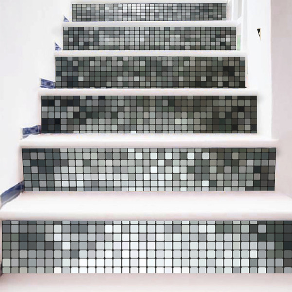 6 Pieces/Set Creative DIY 3D Stairway Stickers Silver Mosaic Tiles Pattern for Room Stairs Decoration Floor Wall Sticker