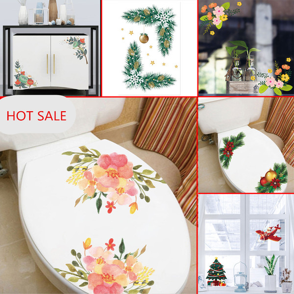 2pcs/lot Flowers Toilet Wall Arts sticker Decals Removable Stickers for bathroom refrigerator cabinet glass window 2018 new Christmas Decors