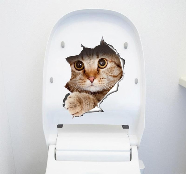 Cat Dog Vivid 3D Look Hole Wall Stickers Bathroom Toilet Decorations Kids Gift Kitchen Cute Home Decor Decal Mural Animal Wall Poster