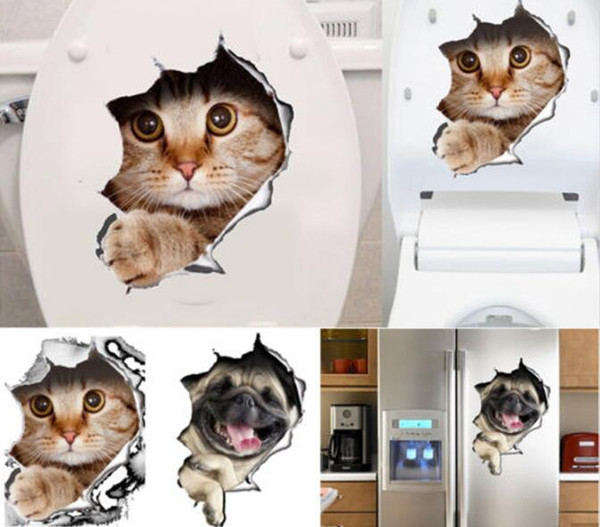 3D Cats Wall Sticker Toilet Stickers Hole View Vivid Dogs Bathroom Room Decoration Animal Vinyl Decals Art Sticker Wholesale 0706026