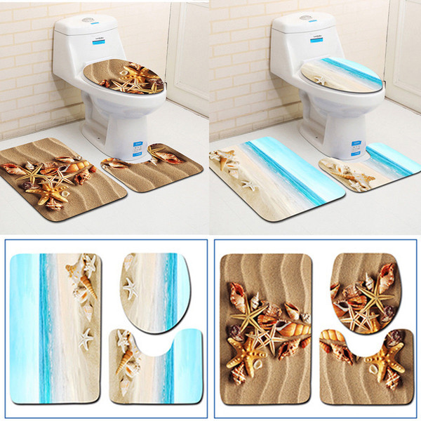 3Pcs/Set Bathroom Non-Slip Beach Pattern Pedestal Rug+Lid Toilet Cover+Bath Mat