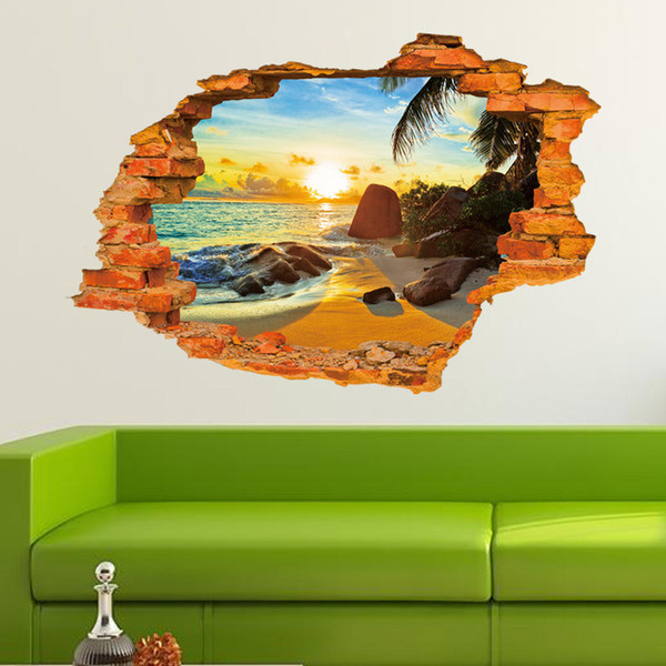 8001C 3D Wall Stickers Beach Sunshine Vinyl Decals Removable 3D PVC Sticker Living Room Home Decor